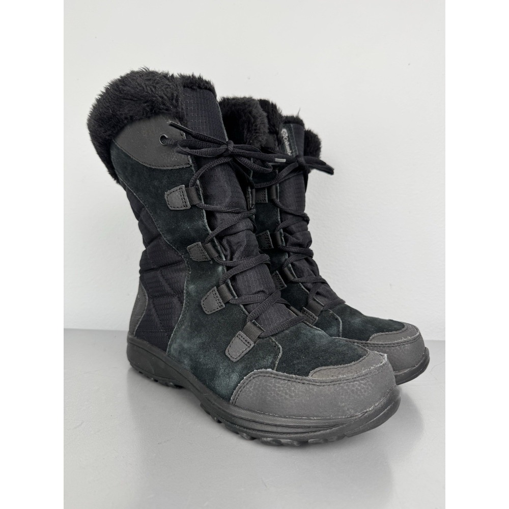 Columbia Ice Maiden II Winter Snow Boots Womens 8 Black Leather Faux Fur Lace Up